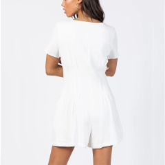 Women Summer Casual short sleeves Solid Button romper
