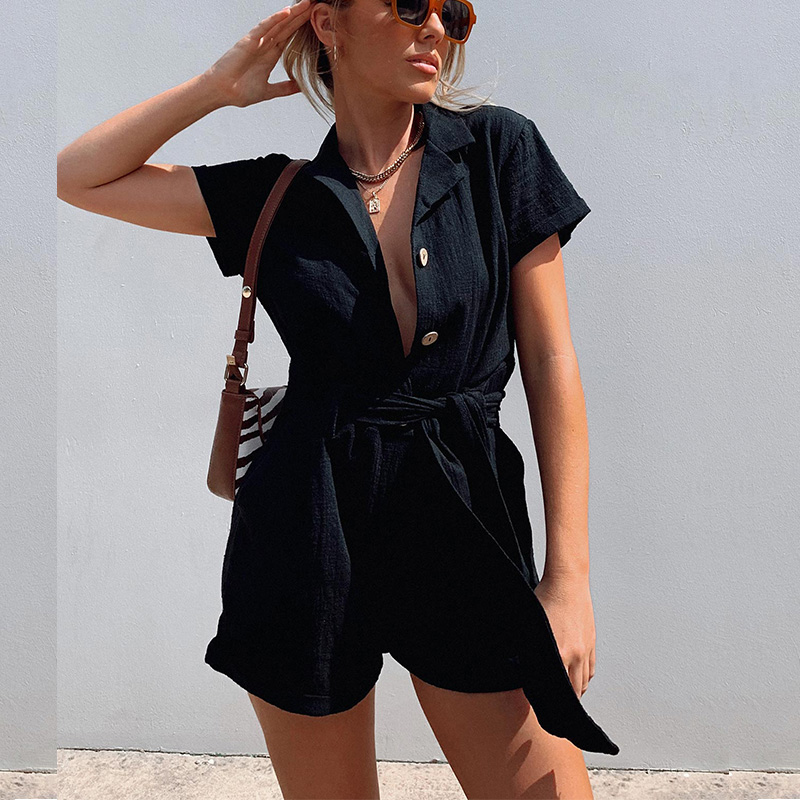 Women deep-V solid Summer Sexy short sleeves playsuit
