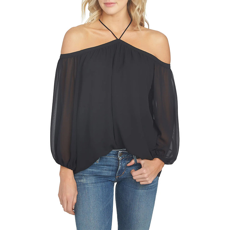Womens off the Shoulder Sheer Chiffon Blouse long sleeve