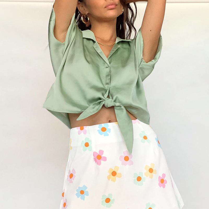Womens short sleeve silky satin button down shirt