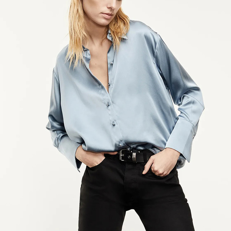 Classic buttoned blue silk shirt satiny black silk blouses