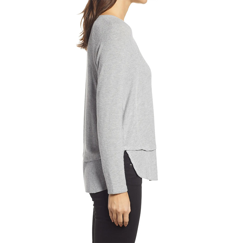 Ribbed inset layered long sleeve tunic tops for women