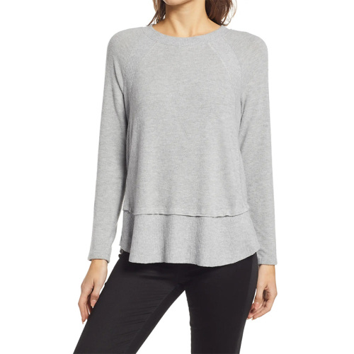 Ribbed inset layered long sleeve tunic tops for women