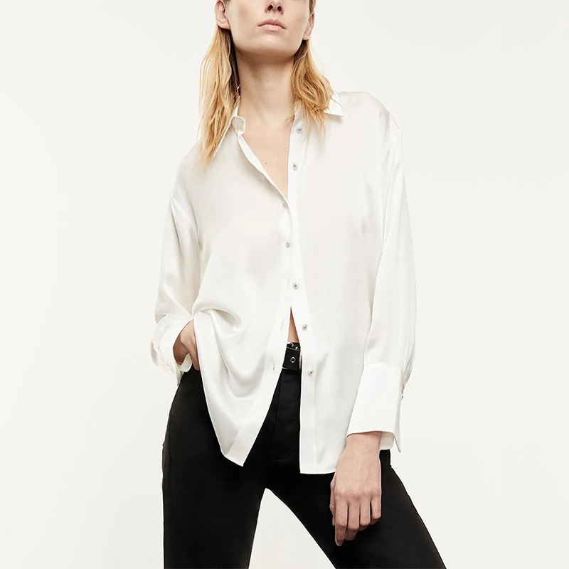 Classic buttoned blue silk shirt satiny black silk blouses