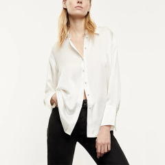 Classic buttoned blue silk shirt satiny black silk blouses