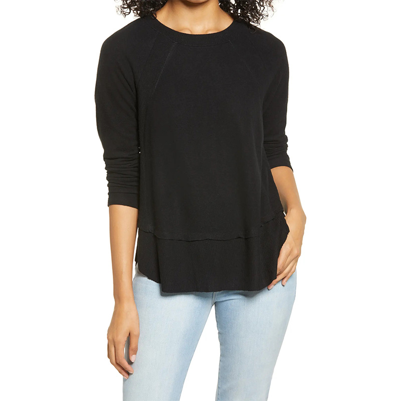 Ribbed inset layered long sleeve tunic tops for women