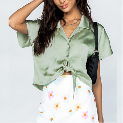 Womens short sleeve silky satin button down shirt