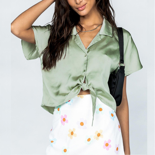 Womens short sleeve silky satin button down shirt