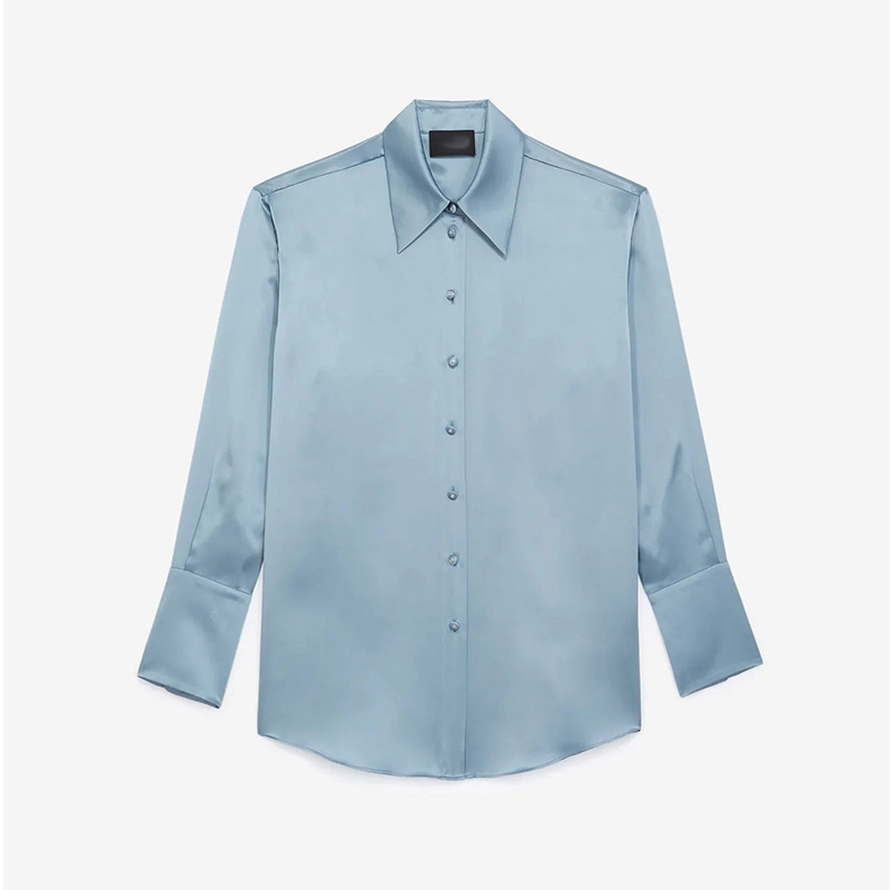 Classic buttoned blue silk shirt satiny black silk blouses