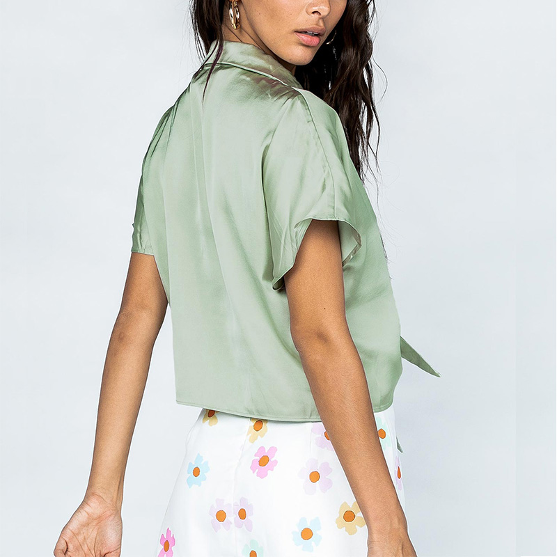 Womens short sleeve silky satin button down shirt
