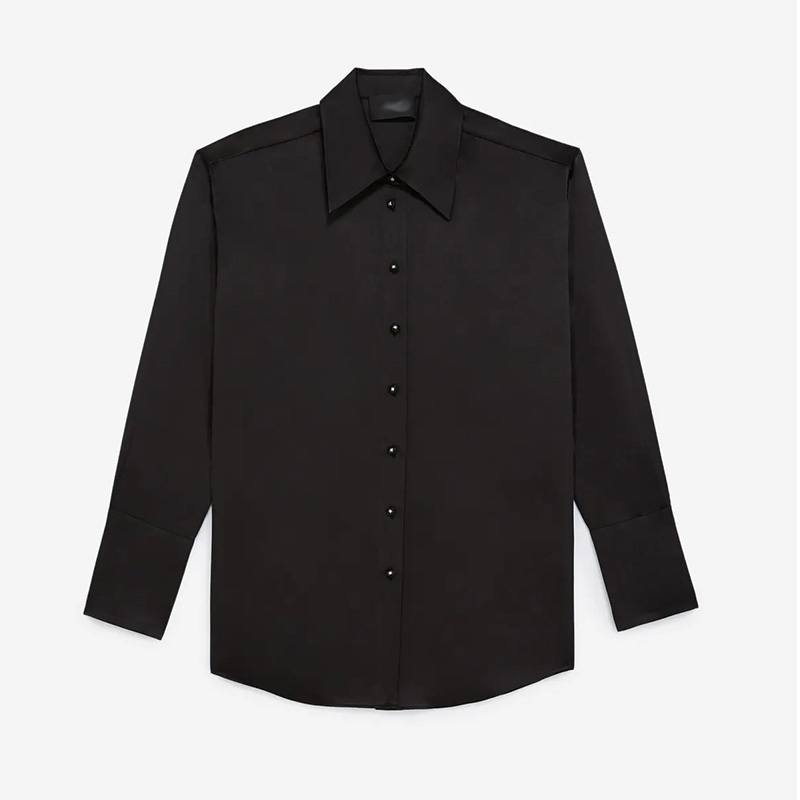 Classic buttoned blue silk shirt satiny black silk blouses