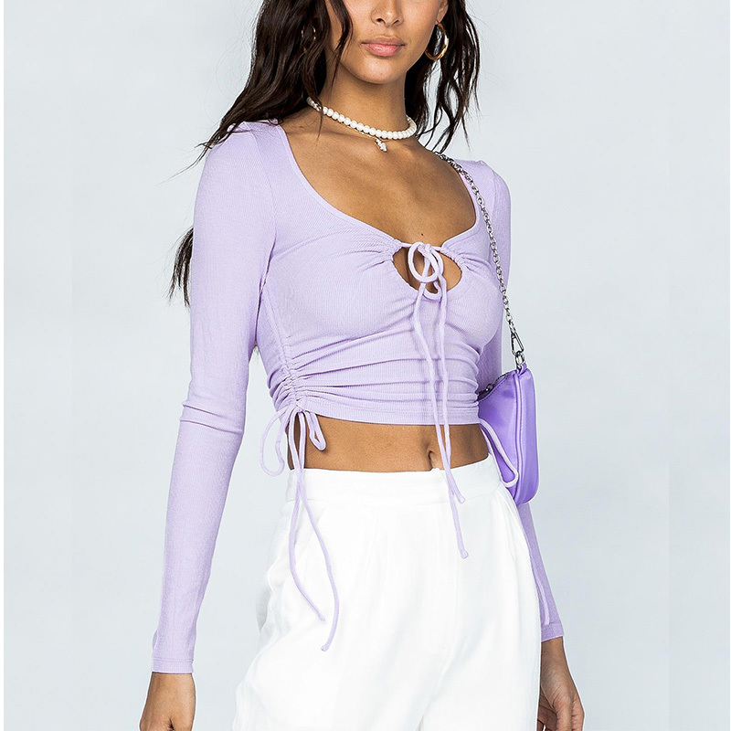 Long sleeves drawstring ribbed crop top for women