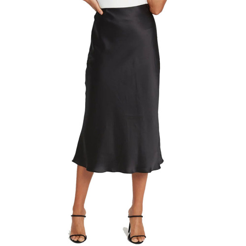 Ladies black silk satin slip midi skirt