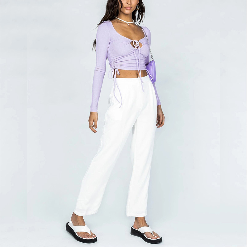 Long sleeves drawstring ribbed crop top for women