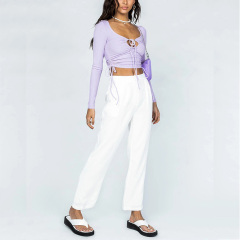 Long sleeves drawstring ribbed crop top for women