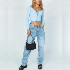 Long sleeves drawstring ribbed crop top for women