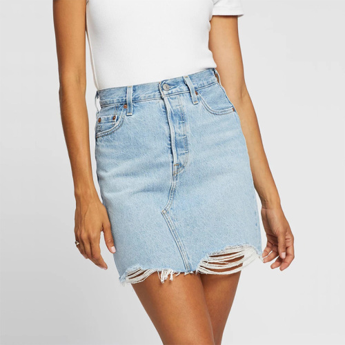 Distressed jean denim mini skirt for women