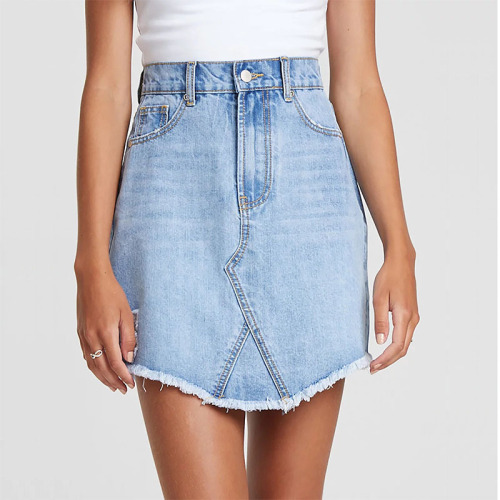 Womens irregular distressed blue jean denim mini skirt