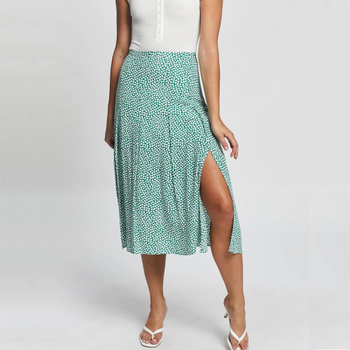 Womens spring split pleated green A line midi skirt