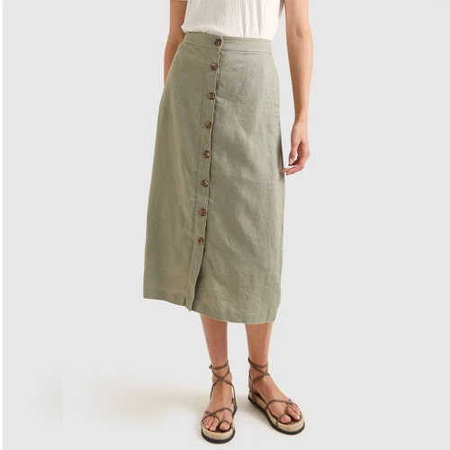 Womens button up linen midi skirt