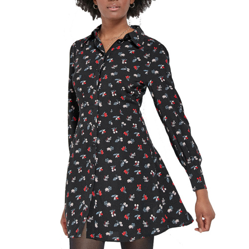 Summer floral print collar button down mini shirt dress for women