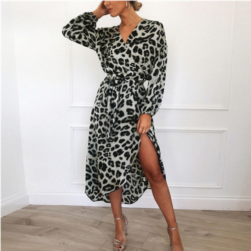 Womens long Sleeve Deep V-neck leopard dress
