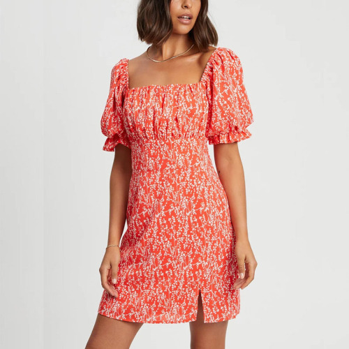 New fashion women short sleeve red floral print summer dress