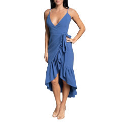 Summer crepe sleeveless wrap midi dress for women