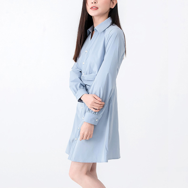 Women long sleeves button up light blue shirt dress