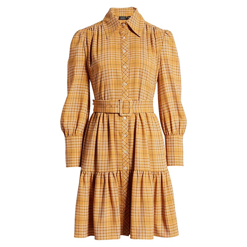 Belted long sleeve button down shirt dress for women