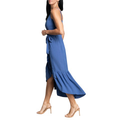 Summer crepe sleeveless wrap midi dress for women