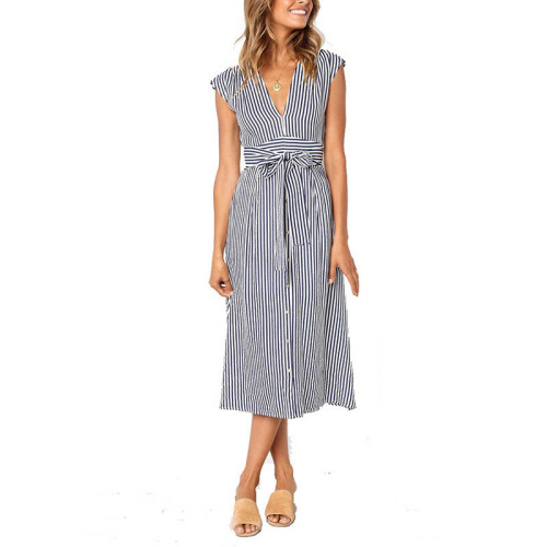 Summer Spring casual knee-length V-neck button striped midi Dress womens