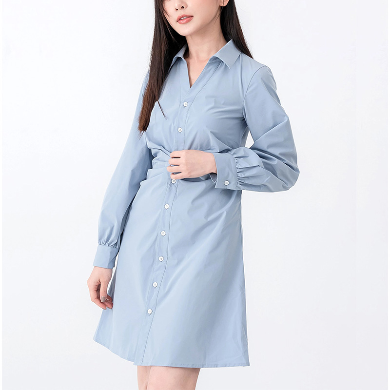 Women long sleeves button up light blue shirt dress