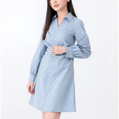 Women long sleeves button up light blue shirt dress