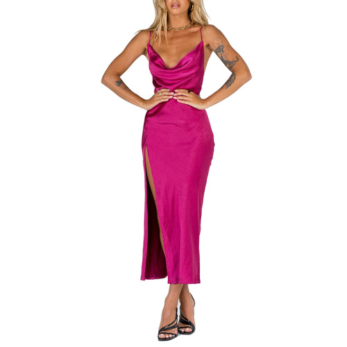 Womens long silky satin cowl neck dress