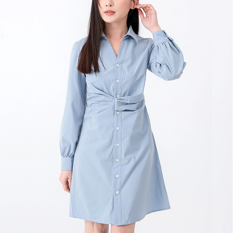 Women long sleeves button up light blue shirt dress
