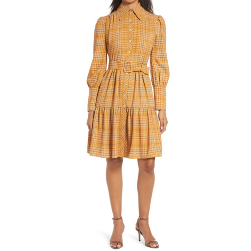 Belted long sleeve button down shirt dress for women