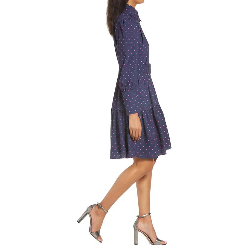 Belted long sleeve button down shirt dress for women