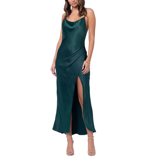 Womens silky satin cowl neck midi slip dress