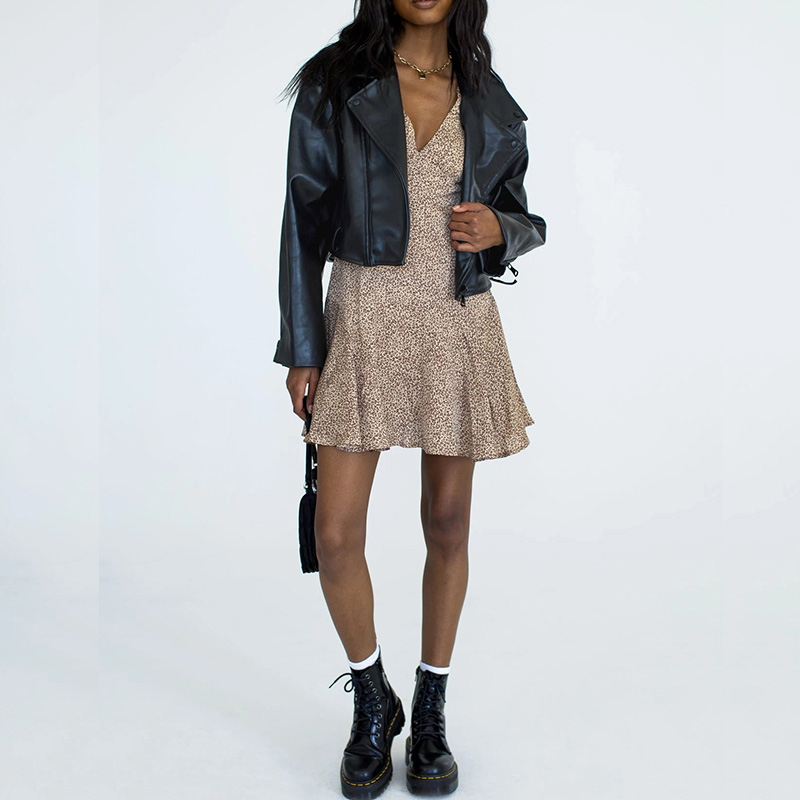 Summer short sleeve V neck Leopard print mini dress