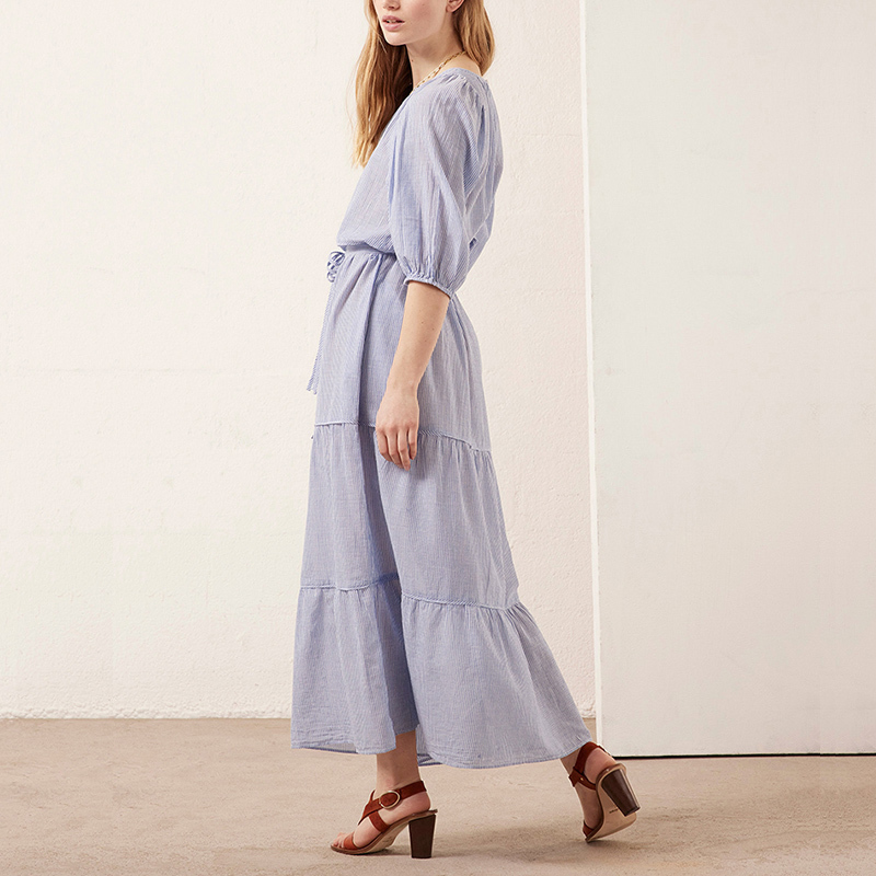 Short sleeve casual summer blue stripe long dress