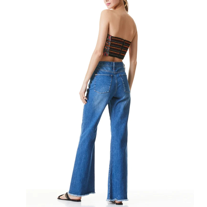 High waisted blue wide bootcut jeans pants for women