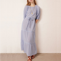 Short sleeve casual summer blue stripe long dress