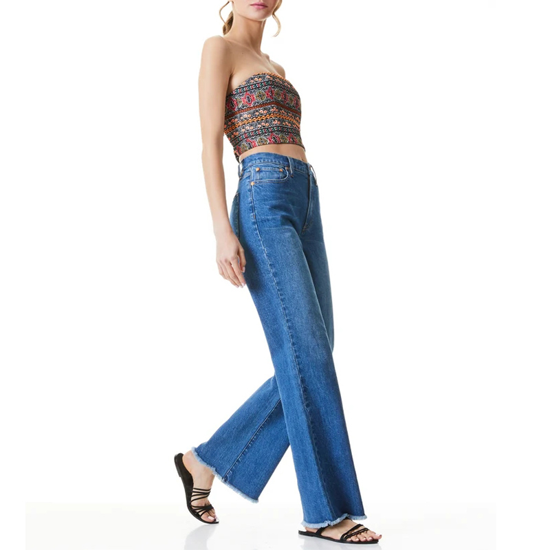 High waisted blue wide bootcut jeans pants for women