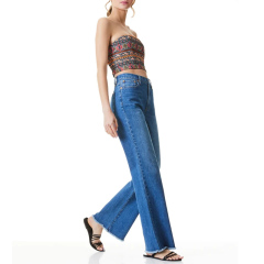 High waisted blue wide bootcut jeans pants for women