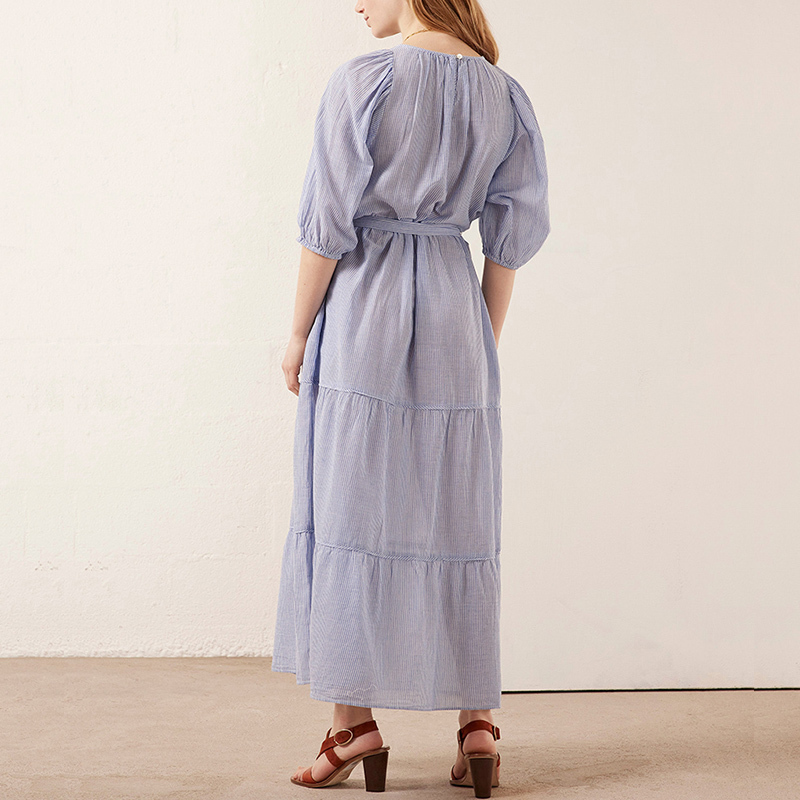 Short sleeve casual summer blue stripe long dress