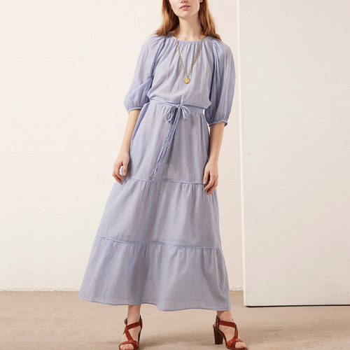 Short sleeve casual summer blue stripe long dress