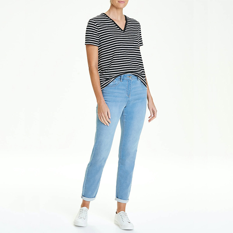 Black white striped V Neck T shirt women