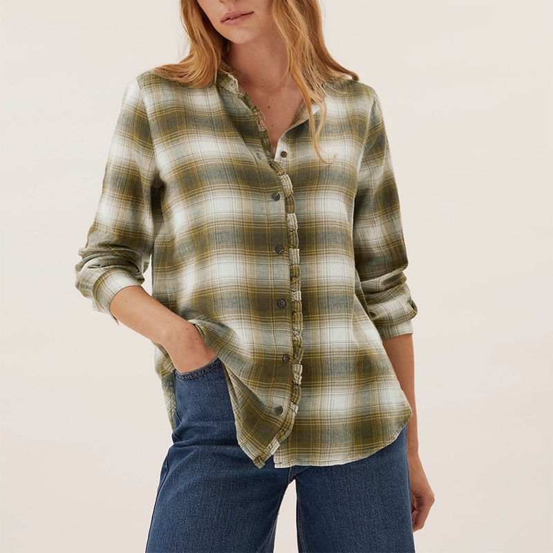 Womens plaid flannel otton check frill detail shirt