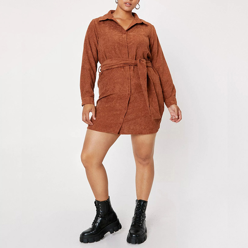 Plus size belted corduroy button down shirt dress womens